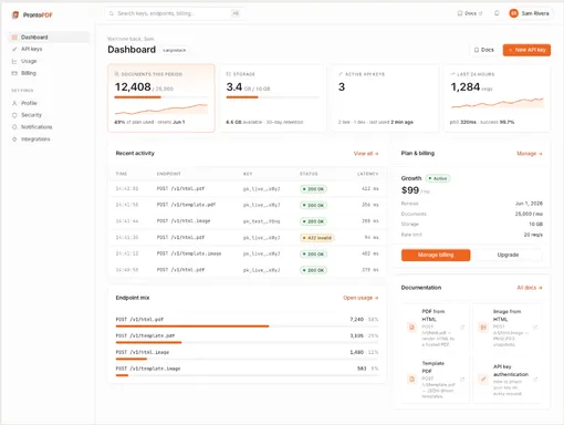 ProntoPDF dashboard